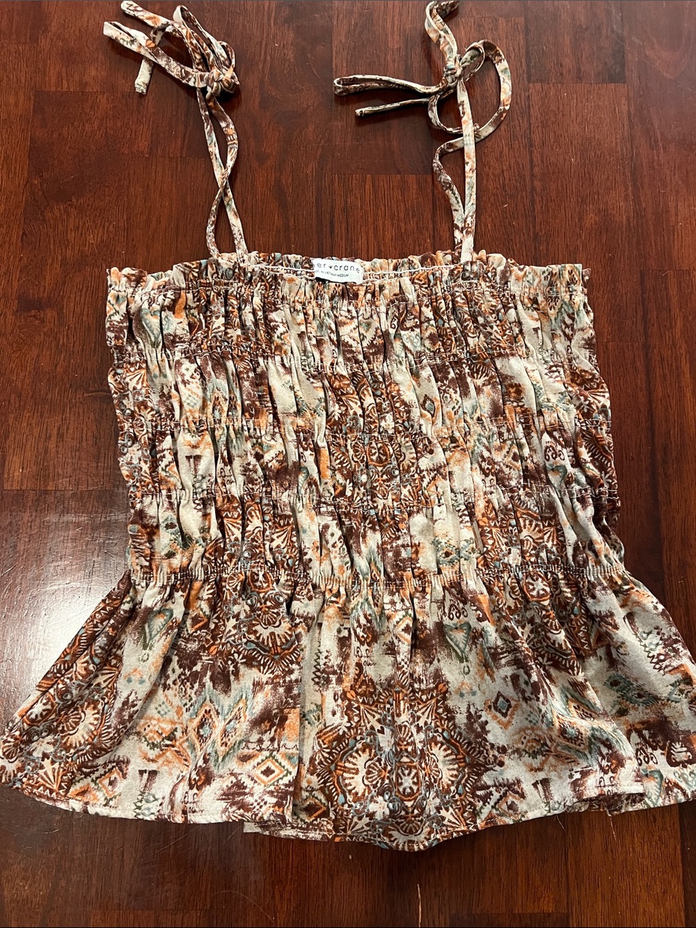 Paper Crane Brown and Cream Smocked Tie-Shoulder Camisole